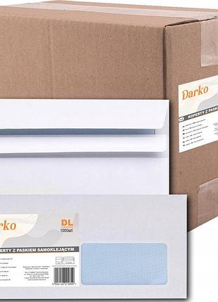 Конверти для листів офісні білі з віконцем 1000шт darko самоклеючі 110x220