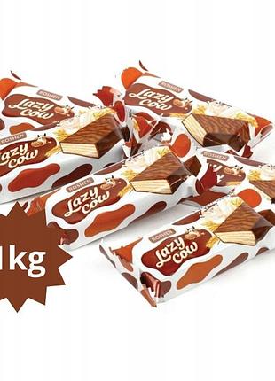 Набір з 3 штук вафлі lazy cow roshen молочні в шоколадній глазурі 1 кг
