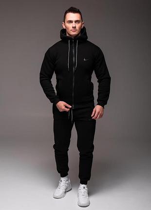 Чорний чоловічий утеплений костюм nike з капюшоном штани на манжеті