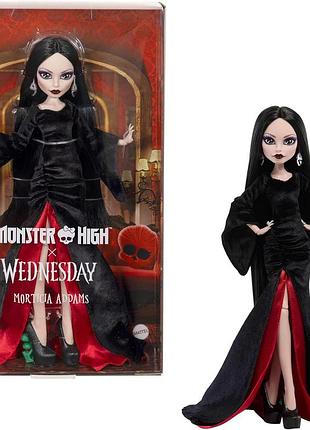 Monster high x wednesday morticia addams лялька колекційна чорно-червоно оксамитова сукня прикраси взуття на підборах підставка