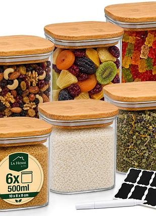 Контейнери скляні 500ml для їжі кави чаю з кришкою бамбук 6 шт