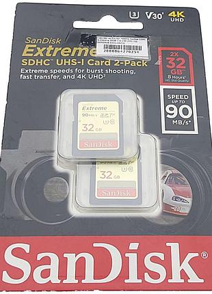 Карта флеш пам'яті б/у комплект з 2 карт пам'яті sandisk sdhc 4k extreme 32 gb c10 v30 uhs-i u3 (sdsdxve-032g-gnci2)