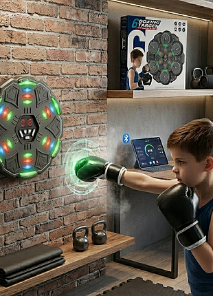 Музичний боксерський тренажер на 6 цілей з bluetooth та led підсвіткою + рукавички, чорний (інтерактивна боксерська мішень)