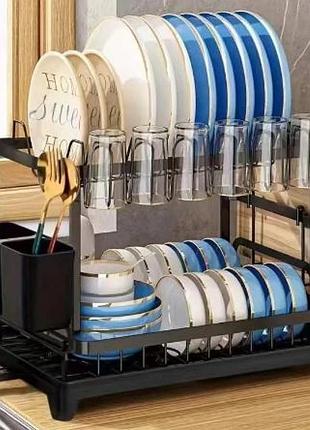 Настольная двухъярусная сушилка для посуды кухонный стеллаж-органайзер ly-969 черного цвета