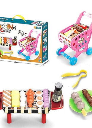 Детская тележка для супермаркета с грилем и продуктами, 41 предмет