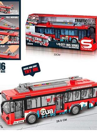 Автобус js121 (18шт) інерція, тролейбус 28см, 1:16, звідчиняються двері, вук, світло, гумові колеса,