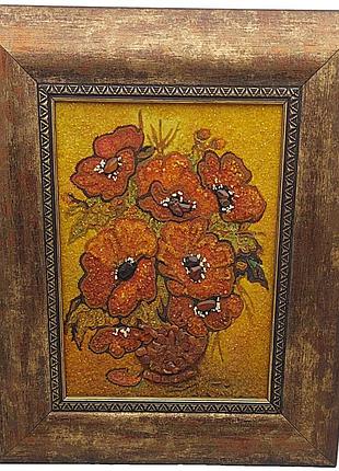 Б/у бурштинова картина «червоні макі» 25x30см