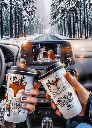 Алмазна мозаїка вишивка на підрамнику 5d зимова подорож в авто кава та мультфільм 30х40 см s20355
