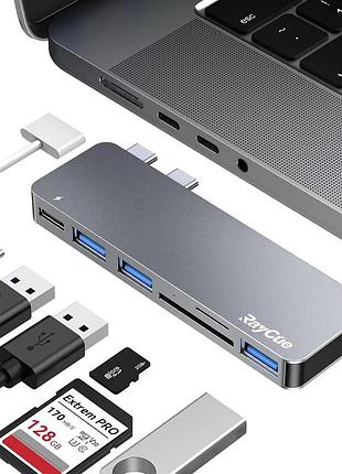 Компактний алюмінієвий 6-в-2 usb type c хаб для macbook pro, macbook air (m1, m2, m3; моделі 2019–2023 рр., 13–16 дюймів)