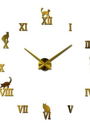 Настінні 3d годинники diy clock 80-100 см кішки золото