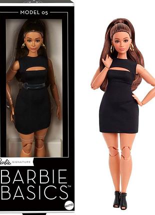 Barbie basics model 05 колекційна модна лялька брюнетка з округлими формами в чорній міні-сукні та туфлях на підборах jbh73