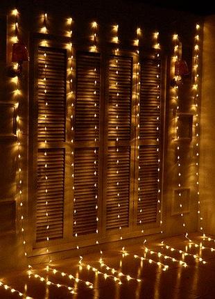 Светодиодная гирлянда-штора «водопад» 3×2 м на 240 led с теплым белым светом, 8 режимами и коннектором