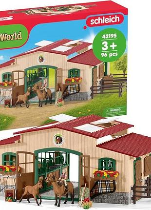 Schleich farm world стабіль з кіньми та аксесуарами 42195 набір зі стайнею вигоном 2 кіньми фігуркою дівчинки та аксесуарами