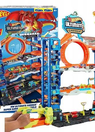 Набір mattel hot wheels city hkx48 мега гараж атака дракона ultimate parking + 2 машинки