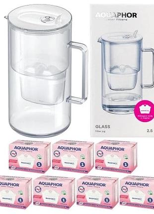 Скляний фільтруючий кувшин для води aquaphor glass білий з 7 фільтрами maxfor mg