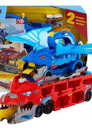 Hot wheels великий транспортер для автомобілів 2в1 подвійний дракон + 2 авто