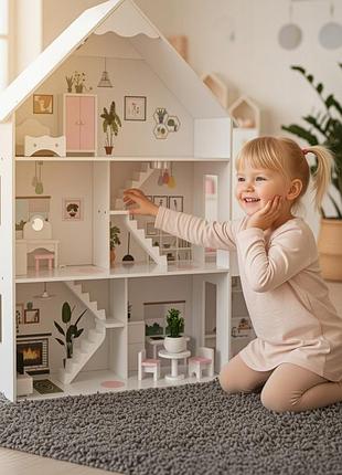 Великий будинок для ляльок дерев'яний kinderplay led вілла xxl 118см меблі гараж