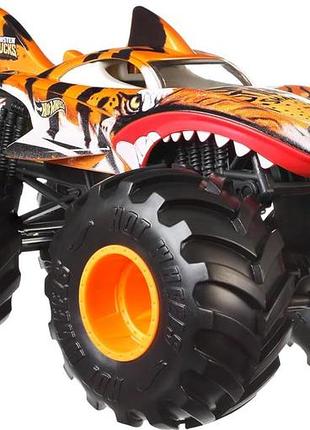 Hot wheels monster trucks tiger shark велика металева іграшка 1:24 з великими колесами та унікальним дизайном авто для дітей jdr02