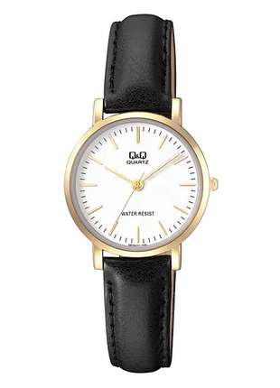 Женские часы q&q q979j111y золотистый корпус чёрный ремешок водозащита 50 м белый циферблат