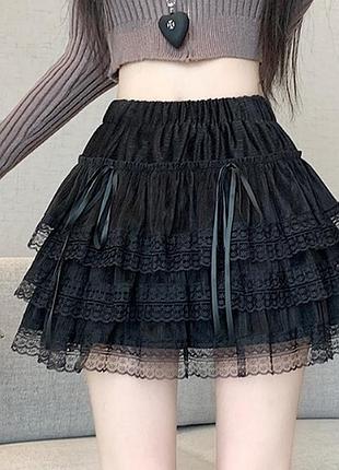 Ефектна міні-спідниця з мереживом бантиками оксамит coquette dark academia soft girl