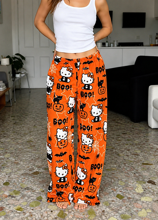 Штани плюшеві піжамні помаранчевого кольору hello kitty helloween, теплі домашні штани хеллоу кітті хелловін