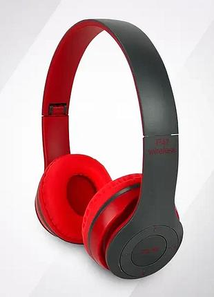 Беспроводные наушники p-47 bluetooth + microsd + fm радио серый с красным