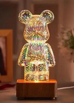 3d ночник - светильник *стекляный мишка фейерверк* bearbrick 20см 8 цветов usb шк