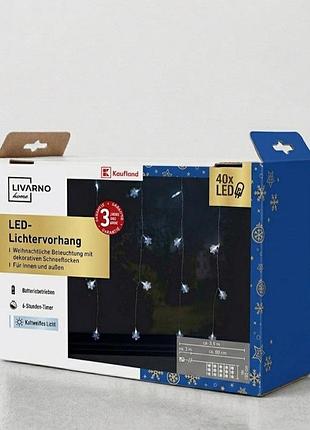 Світлодіодна штора-гірлянда з сніжинками, 40 led, 80×160 см, холодне біле світло, на батарейках, таймер 6 годин, ip44