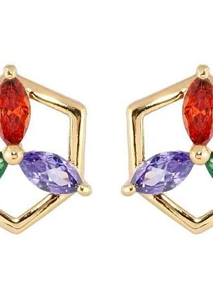 Серьги позолота 18k пусеты цветочный орнамент из разноцветного циркона (089165) тм xuping