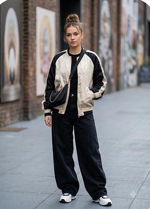 стильная женская куртка-бомбер оверсайз h&amp;m бежево-черная утепленная р.36,40, 34.