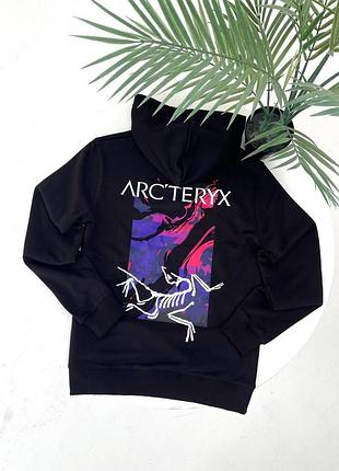 Мужское зимнее худи arcteryx черное кофта арктерикс с капюшоном на микрофлисе (b)