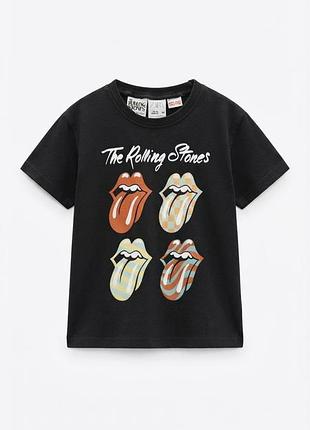 Детская черная футболка zara x the rolling stones / стильная хлопковая футболка с принтом губ