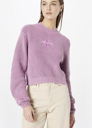 Светр жіночий calvin klein jeans washed monologo sweater бузковий рожевий кроп в'язаний в рубчик джемпер кофта