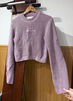 Светр жіночий calvin klein jeans washed monologo sweater бузковий рожевий кроп в'язаний в рубчик джемпер кофта