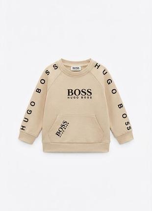 Детский брендовый свитшот / худи boss hugo boss бежевого цвета с логотипами