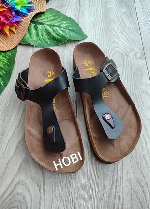 Чорні сандалії-в'єтнамки birkenstock gizeh з регульованим ремінцем та фірмовою пробковою устілкою розмір 38 нові