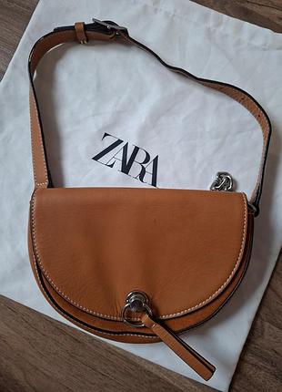 Коричневая кожаная поясная сумка бананка zara