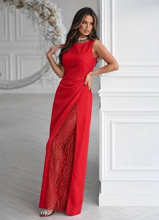 Довга вечірня сукня з драпіруванням на талії з високим розрізом з мереживною вставкою прикрашеною глітером
