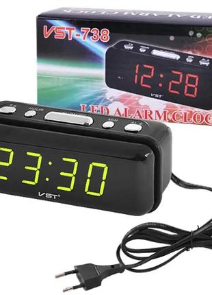 Годинник електронний настільний vst 738-2 led ac мережевий 220v світний із зеленим підсвічуванням будильник