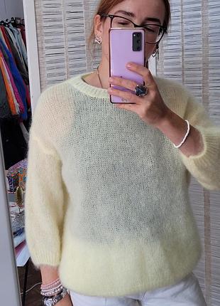 Женская итальянская однотонная кофта oversize. вязка. желтая, сливочная. мохер/шерсть. one size