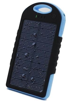 Зовнішній акумулятор power bank 10000 mah на сонячній батареї c led ліхтарем у захищеному корпусі чорно-синій