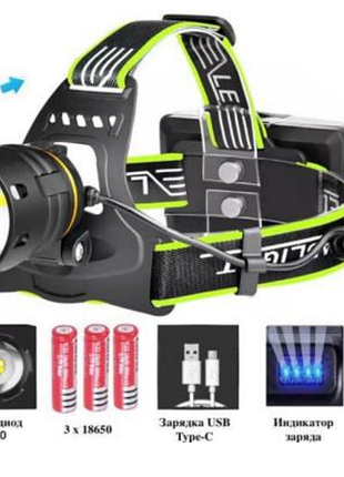 Мощный налобный фонарь (head torch) модель a14-p90 с функцией zoom и питанием от 3-х аккумуляторов 18650