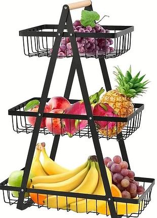 Настільний триярусний кошик — фруктовиця з дерев'яною ручкою triple fruit basket