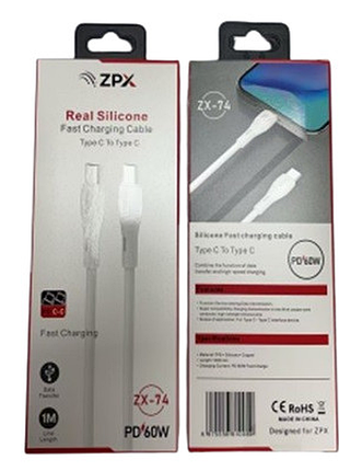 Силиконовый usb-кабель с разъёмом type-c to type-c pd 60w быстрая зарядка zpx zx-74 tupe-c/ tupe-c