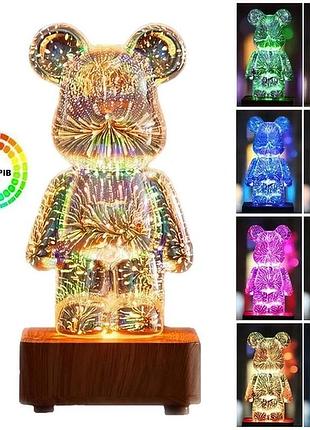 3d ночник мишка bearbrick стеклянный rgb 8 цветов