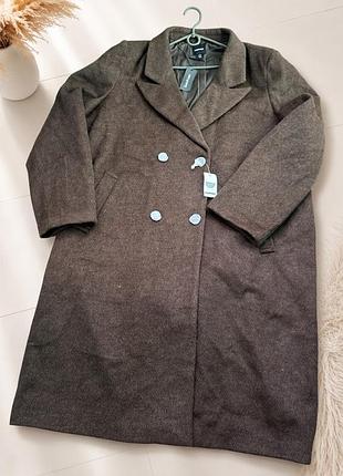Двобортне шерстяне пальто boohoo (plus size / oversize) у шоколадному кольорі