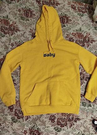 Худі жіноче baby жовте тепле s/xs cropp з капюшоном і кишенями кенгуру