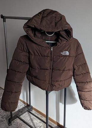 Модна трендова коричнева s вкорочена куртка з капюшоном the north face підлітку
