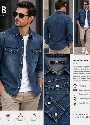 Сорочка чоловіча джинсова ltb slim fit темно-синій денім, розмір s