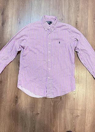 Чоловіча сорочка з довгим рукавом polo ralph lauren рожева в білу смужку, розмір l